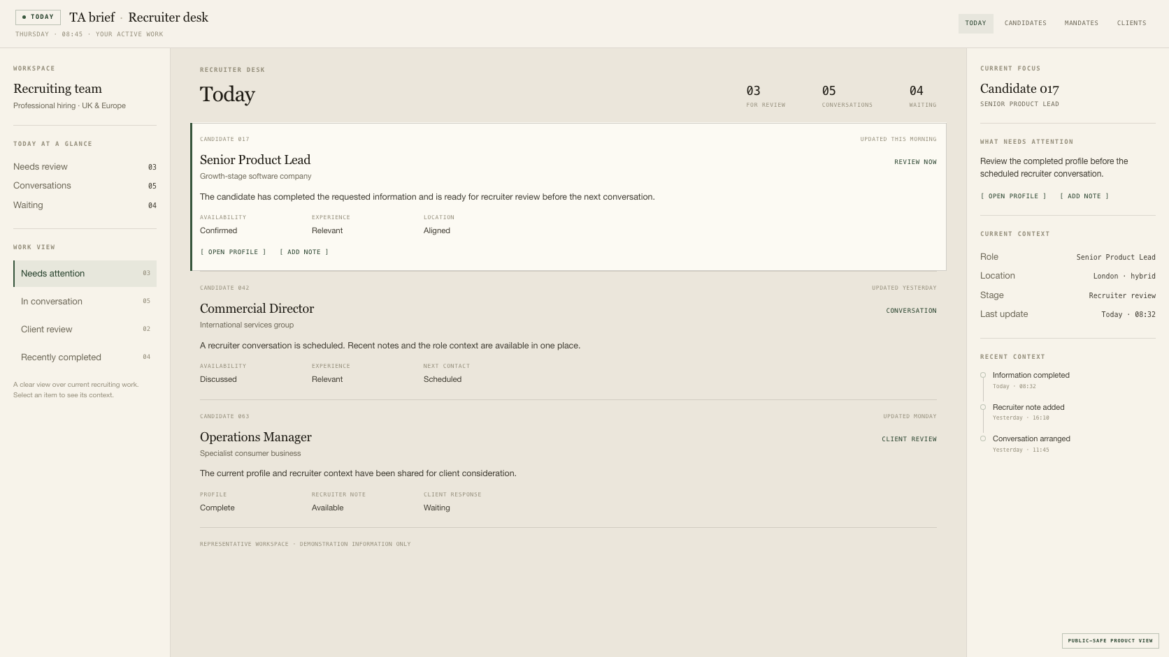 Public-safe TA brief recruiter workspace with generic hiring information