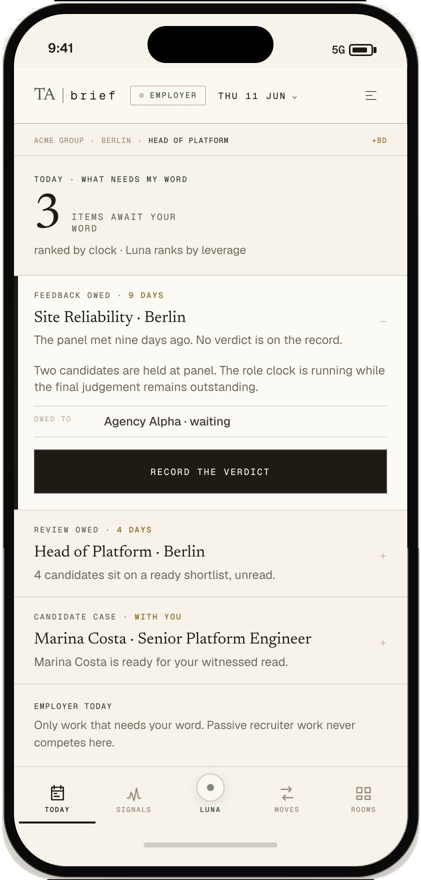 TA brief mobile Employer Today queue showing feedback, shortlist and candidate case work awaiting the employer's word