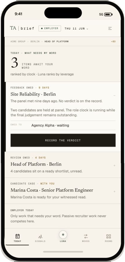 TA brief mobile Employer Today queue showing feedback, shortlist and candidate case work awaiting the employer's word
