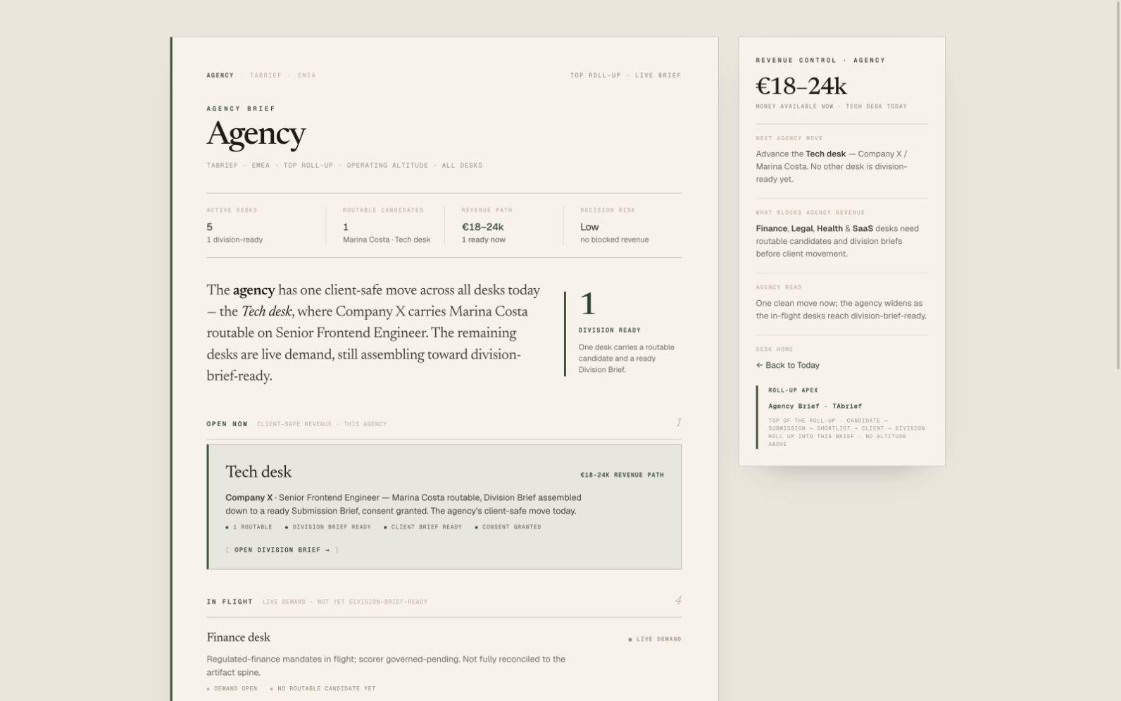 TA brief live agency owner revenue intelligence cockpit with left and right operating rails