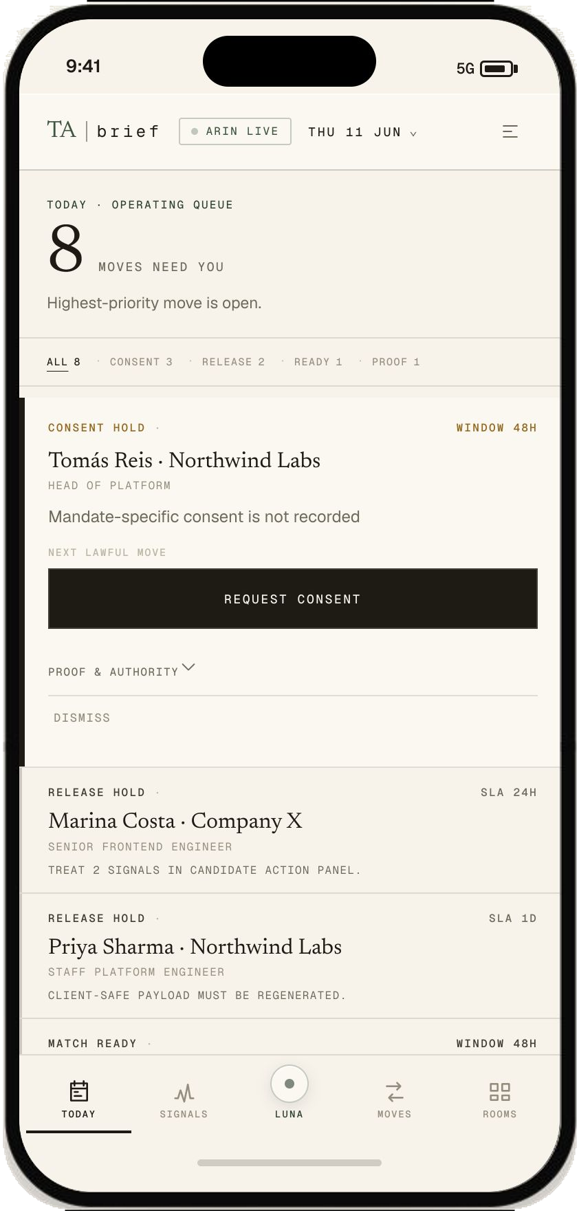 TA brief mobile Today queue showing consent, release and match moves
