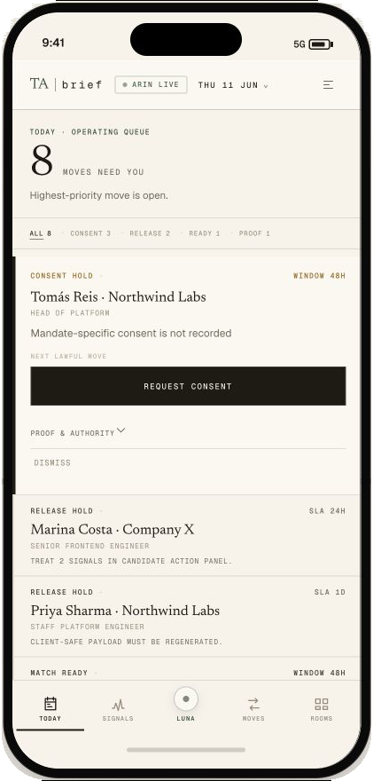 TA brief mobile Today queue showing consent, release and match moves