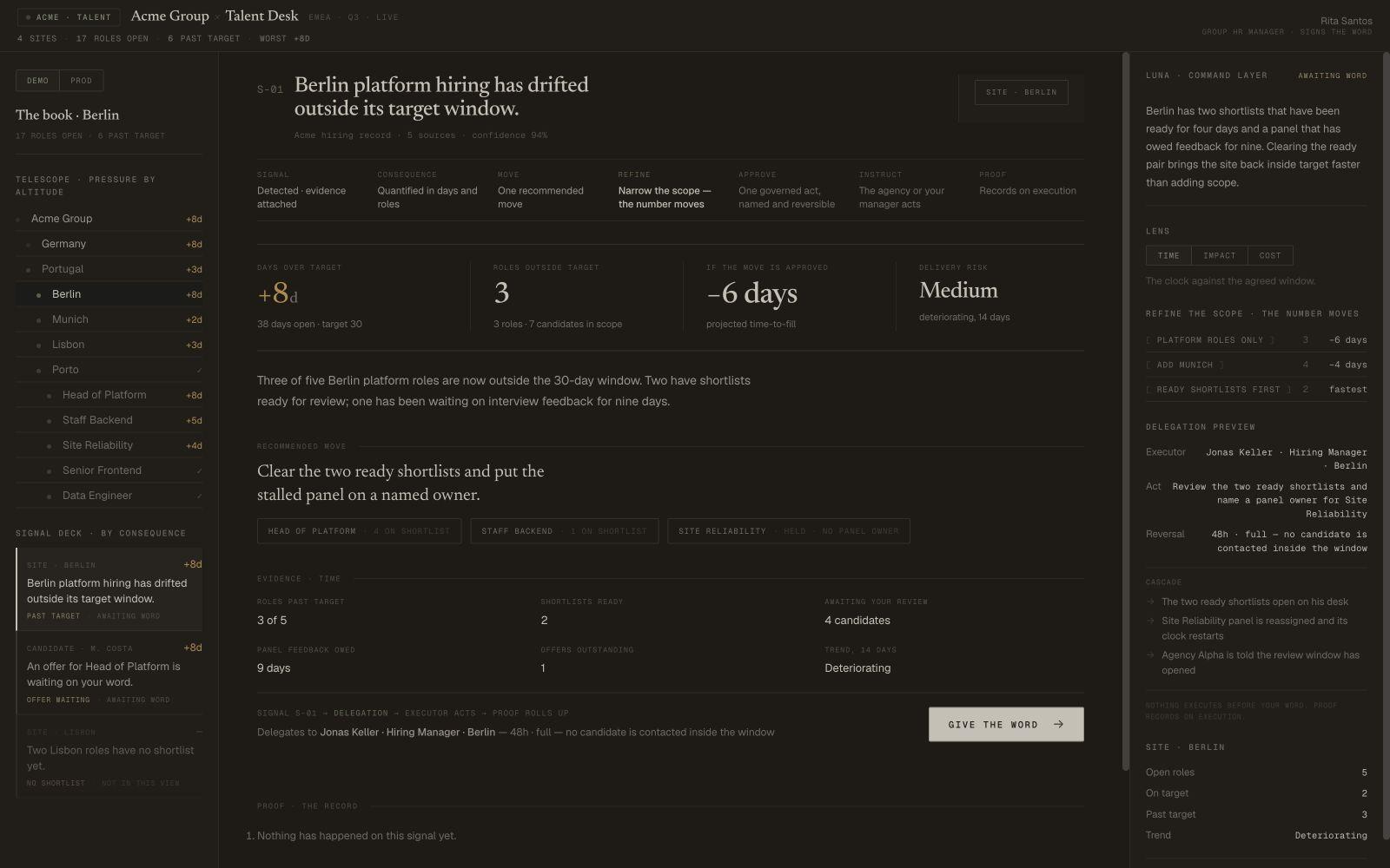 TA brief dusk employer workspace showing a governed hiring move awaiting authority