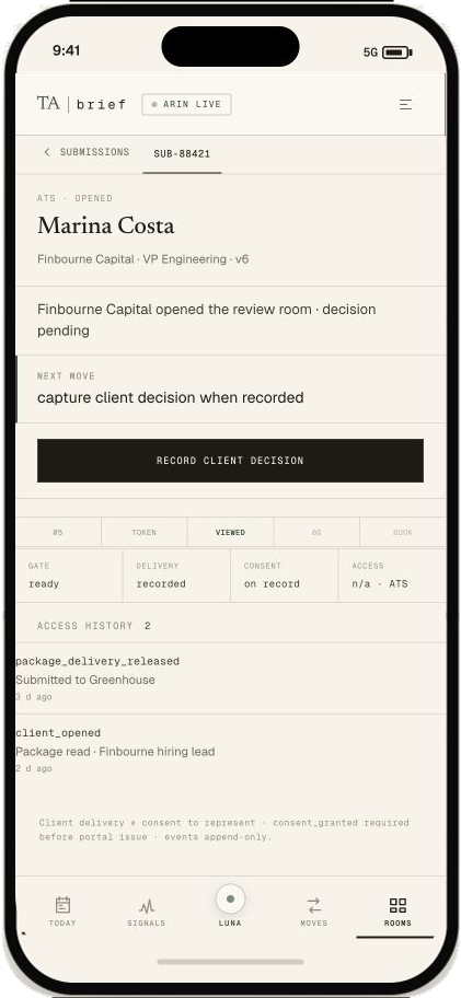 TA brief mobile submission showing delivery, consent, access history and the next decision