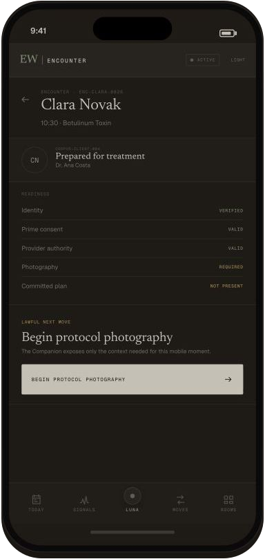 Encounter Workspace Companion showing Clara Novak's treatment readiness and next move